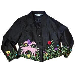 Black vintage silk embroidered jacket with flamingos,bumble bees and flowers (l)
